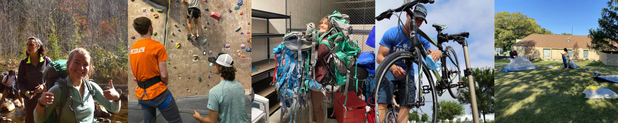 compilation of staff role photos: backpacking, climbing belay check, gear library staff, bike maintenance and setting up tents